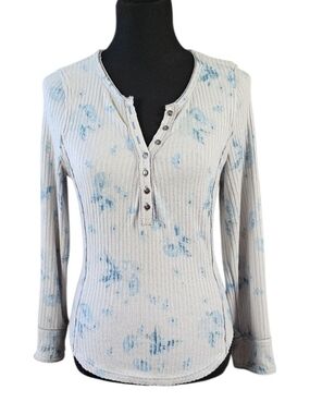 Free People Layer Me Floral Ribbed Henley Top Blue Rose Long Sleeve Medium